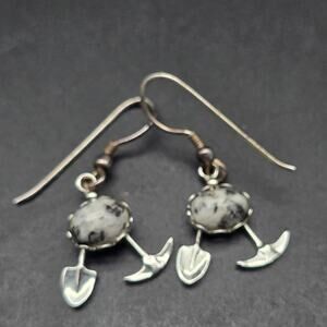 Rock Hound Mining Earrings Dalmatian Jasper Silver Tone Ax Pick Shovel